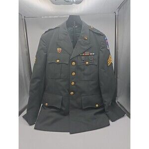 VTG US Army 39R Serge Green 35th Airborne Uniform Coat Rifle Specialist W/ Pins